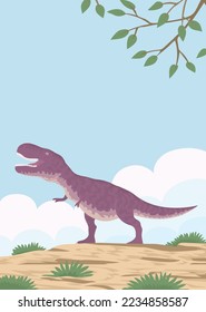 Predatory dinosaur tyrannosaurus rex of the Jurassic period. Carnivorous lizard. Prehistoric strong hunter. Wild landscape. Cartoon vector illustration