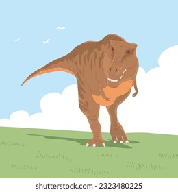 Raubtiere Dinosaurier Tyrannosaurus Rex der Jurassik-Zeit. Fleischfresser Eidechsen. Prähistorische starke Dinojägerin. Wilde Landschaft. Cartoon-Vektorgrafik