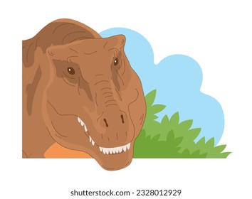 Predatory dinosaur tyrannosaurus rex of the Jurassic period. Portrait scary head monster. Carnivorous lizard. Prehistoric strong dino hunter. Wild landscape. Cartoon vector illustration