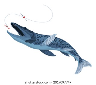 Predatory fish catch. Cartoon fish catching the fishing lure. Pike fishing is jumping to catch a bait on a hook. Sports hobby. Fishing or hunting on worm vector illustration