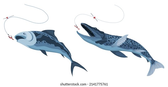 Predatory fish catch. Cartoon fish catching the fishing lure. Pike fishing is jumping to catch bait on hook. Sports hobby. Fishing or hunting on worm vector illustration