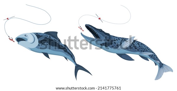 Predatory fish catch. Cartoon\
fish catching the fishing lure. Pike fishing is jumping to catch\
bait on hook. Sports hobby. Fishing or hunting on worm vector\
illustration