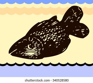 Predatory fish doodle sketch with colorful backdrop.