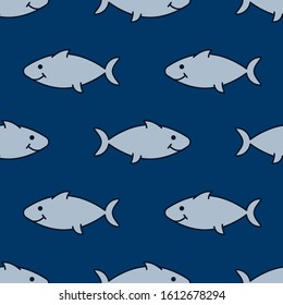 Predatory fish, Doodle style. Seamless background with hand drawn animals, underwater life . Silhouettes and contours, vector illustration on a dark blue background .