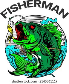 Pescado depredador con boca abierta ilustración vectorial y texto del pescador, pescador, pescador en el mar y depredador blanco azul verde come alimentos en el logotipo de círculo