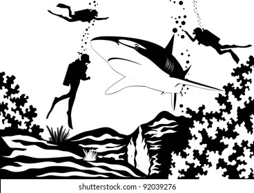 Predatory fish of the seas and oceans. Scuba divers swim near sharks. Black and white illustration.