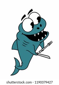 
predatory fish with teeth, shark, barracuda, is preparing for dinner. Knife and fork, a pleasant appetite, vector illustration.