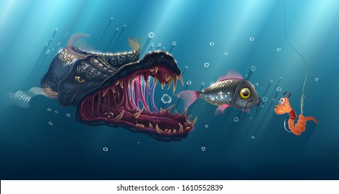 Predatory fish underwater, ancient shark vector illustration, fishing poster with pike over blue background, fishing live bait in river, deep sea landscape drawing.