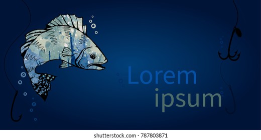 Predatory fish in the water. Fishing on the hook.  Fishing, angling. Vector background, illustration.