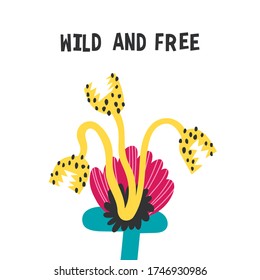 Predatory flower. Wild and free typography for print design. Can be printed on T-shirts, bags, posters, invitations, cards, phone cases, pillows.