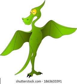 predatory flying dinosaur of green color, standing with wings spread
