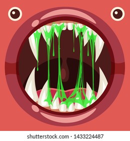 Predatory jaws of a fantastic horrible scary monster with slime, drooling, green mucus. Cartoon style 