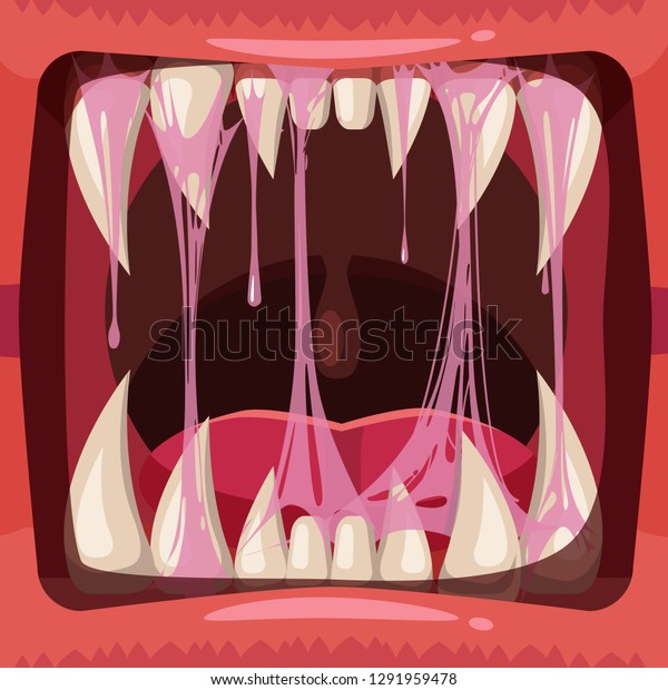 Predatory jaws of a fantastic horrible scary\
monster with slime , drooling, green mucus. Glue Jelly The\
substance is sticky, tension, elasticity. Cartoon style, vector,\
banner template,\
isolated.