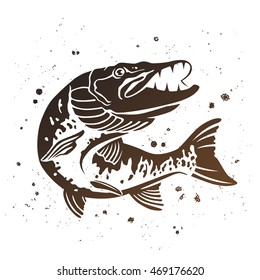 Predatory pike. The stylized image of fish. Vector illustration on white background with paint splashes. Concept design for fishing.