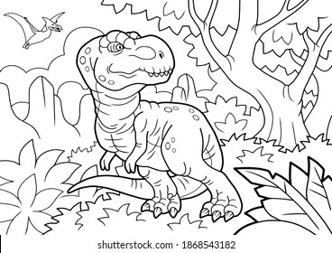 predatory prehistoric dinosaur tyrannosaurus, coloring book, funny illustration