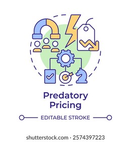 Predatory pricing multi color concept icon. Driving out competitors with low prices. Competitive strategy. Round shape line illustration. Abstract idea. Graphic design. Easy to use in brochure