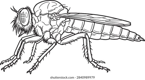 Predatory Robber Fly Side Profile Outline Illustration for Education