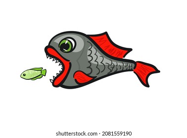 Predatory toothy fish wants to eat a small fish. Cartoon vector illustration