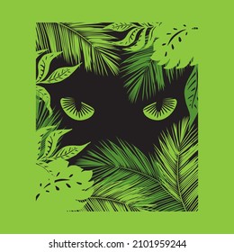 Predatory yellow eyes looking through tropical foliage. Vector illustration.