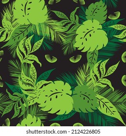 Predatory yellow eyes looking through tropical foliage. Seamless pattern. Vector illustration