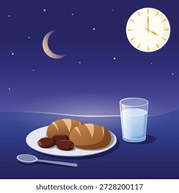 Concepto de comida de Ramadán antes del amanecer; Ilustración vectorial plana de fechas y pan con reloj a las 4:00 am para App móviles islámicos y visuales de ayuno educativo