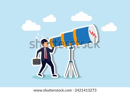 Predict stock market downfall, foresee economic crisis or market crash concept, panic businessman investor look through telescope to see stock market red downward bearish graph.