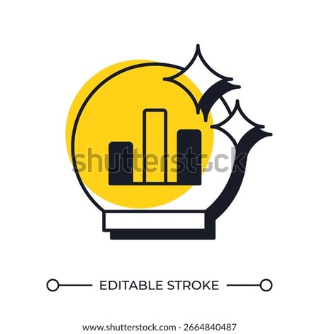 Predicting commercial activity results offset shadow line icon. Crystal ball with bar chart. Data forecasting. Bold outline symbol with solid yellow fill. Modern flat illustration. Editable stroke