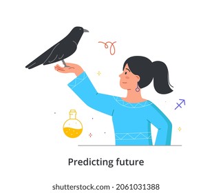 Predicting future concept. Female fortune teller holds black raven in her hands and conducts magical ritual. Witch tells fate. Cartoon modern flat vector illustration isolated on white background