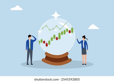 Predicción, los profesionales de negocios examinan un gráfico del mercado futuro para la esfera mágica. 