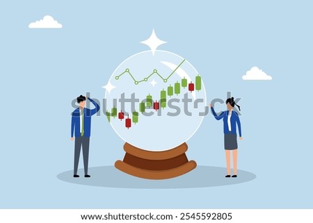 prediction, Business professionals examine a chart of the future market for the magic sphere. 