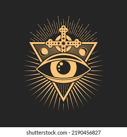 Prediction Eye, Tattoo Occult And Esoteric Symbol. Vector Tarot Magic Symbol, Ancient Egypt Amulet With Cross. Vector Occultism Vision Sign, Tribal Eye