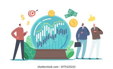 Prediction of Market Trends, Business Forecast Concept. Tiny Business Characters at Huge Crystal Globe Trying to Predict Stock Economic for Making Financial Benefit. Cartoon People Vector Illustration