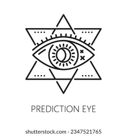 Predicción de la providencia de ojo, magia de brujería icono para esotérica y astrología, símbolo vector de misterio oculto. Icono de la línea de la verdad de la magia oculta o las tarjetas tarot, pirámide freemason con signo de ojo