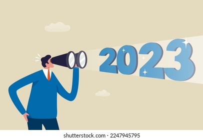 Predictions For 2023. Best chance to get a business or career. New opportunities, career or business. Businessman looking through a telescope. Illustration