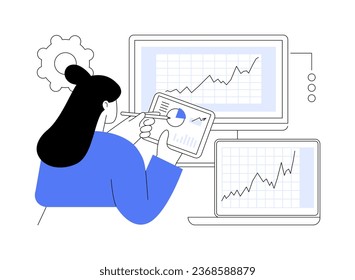 Predictive analysis abstract concept vector illustration. Woman works with statistical algorithm, IT technology, data transfer, big data, machine learning, decision intelligence abstract metaphor.