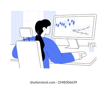 Análise preditiva de ilustrações isoladas de vetores de desenhos animados. A mulher trabalha com algoritmo estatístico, tecnologia de TI, transferência de dados, big data, aprendizagem de máquina, cartoon vetorial de inteligência de decisão.