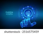 Predictive analytics. Big Data analysis. Business intelligence technology concept on virtual screen. Machine learning. AI. Wireframe hand touching digital interface. Vector illustration.