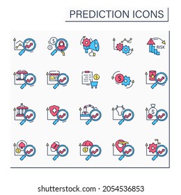 Predictive analytics color icons set. Collating historical, real-time data about customers. Influencing investments. Business predicting concept.Isolated vector illustrations