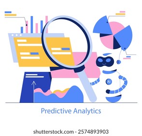 Predictive Analytics concept. Data analysis and business forecasting through AI and statistics. Charts, AI robot, magnifying glass, and pie chart elements. Vector illustration.