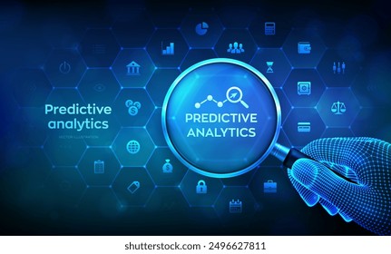 Predictive analytics concept with magnifier in wireframe hand and icons. Big Data analysis. Business intelligence technology concept on virtual screen. Machine learning. AI. Vector illustration.