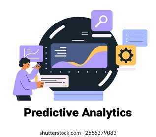 Predictive analytics data analysis concept with person analyzing graphs and charts on digital screens in modern tech style web design