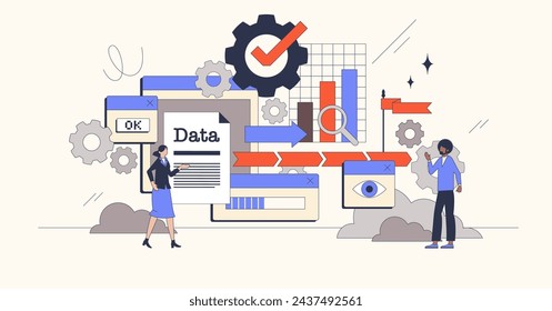 Predictive analytics with data forecasting neubrutalism tiny person concept. Information research for future analysis vector illustration. Automatic statistic process organization with AI technology.