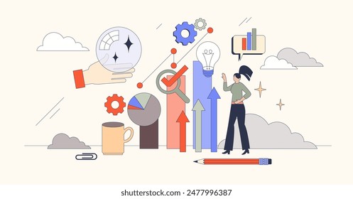 Predictive analytics and data forecasting tiny person neubrutalism concept. Business profit development and growth with increasing sales vector illustration. Future investment stock trend research.