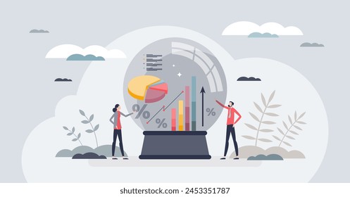 Predictive analytics and future business data modeling tiny person concept. Insight, forecasting and calculation for company potential sales and financial information research vector illustration.