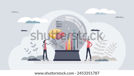Predictive analytics and future business data modeling tiny person concept. Insight, forecasting and calculation for company potential sales and financial information research vector illustration.