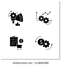 Predictive analytics glyph icons set. Price optimization, merchandise planning, improving operations, marketing optimize.Filled flat signs. Isolated silhouette vector illustrations