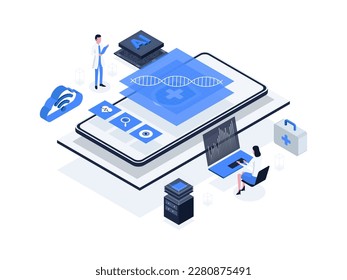 Análisis predictivo en salud: utilizar datos y algoritmos estadísticos para pronosticar los resultados de los pacientes. Inteligencia artificial en la ilustración isométrica de la atención sanitaria