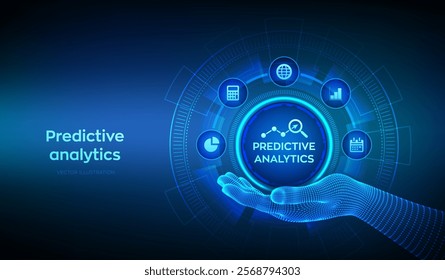 Predictive analytics icon in wireframe hand. Big Data analysis. Business intelligence technology concept on virtual screen. Machine learning. AI. Vector illustration.