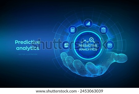 Predictive analytics icon in wireframe hand. Big Data analysis. Business intelligence technology concept on virtual screen. Machine learning. AI. Vector illustration.