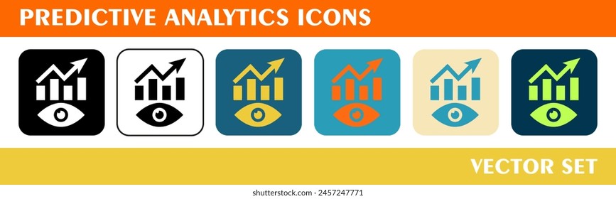 Predictive analytics icons set. 6 style icons with various colors. For sign, symbol, web design or web graphics. 